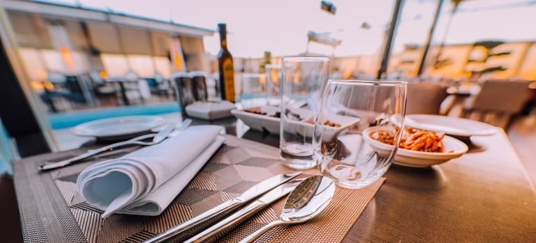 A set table in a restaurant