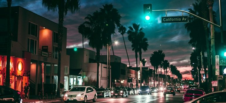 Busy city street in town at night, representing moving companies in San Fernando Valley CA providing reliable relocation services.