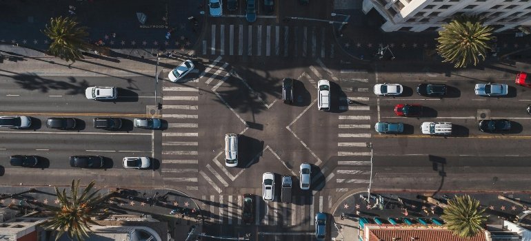 Aerial view of cars on busy roads, capturing the movement and activity that movers in Pasadena CA navigate every day.